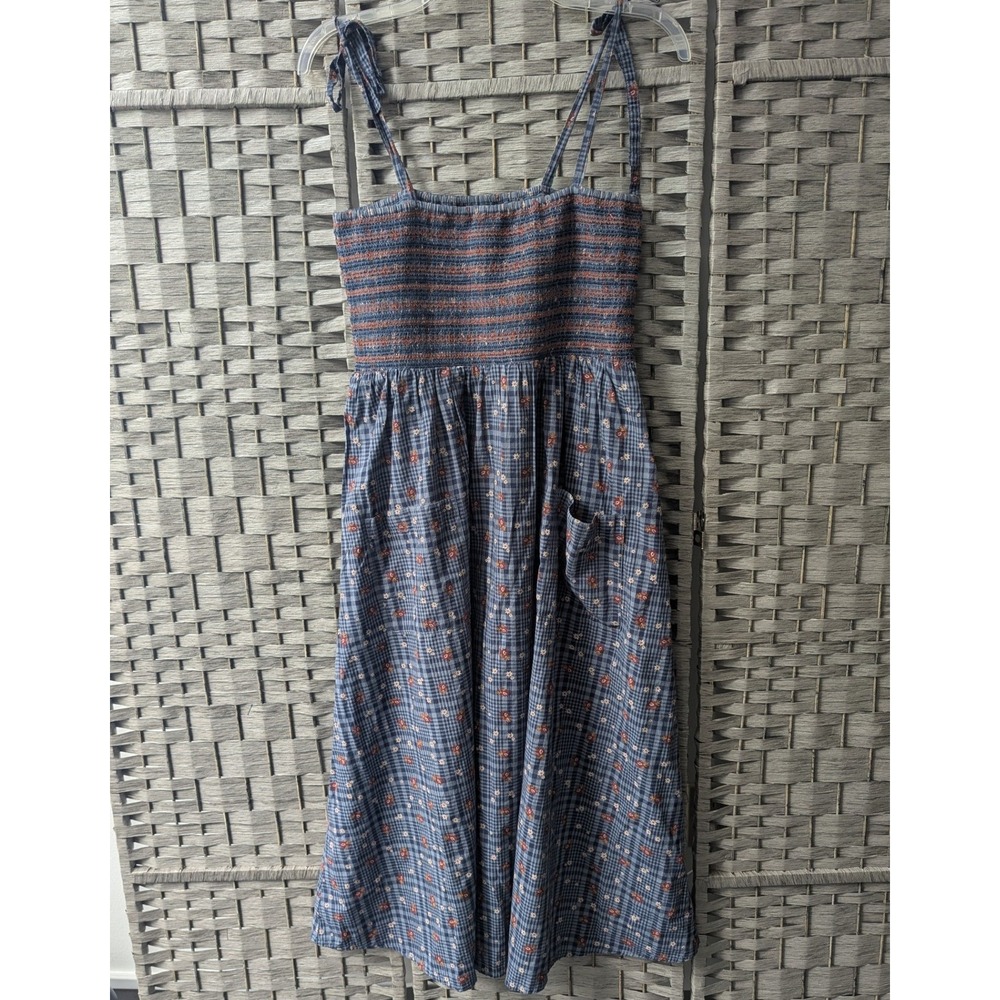 Toad&Co Midi Dress Blue Plaid Floral Smocked Tie Strap Organic Cotton M Cottage